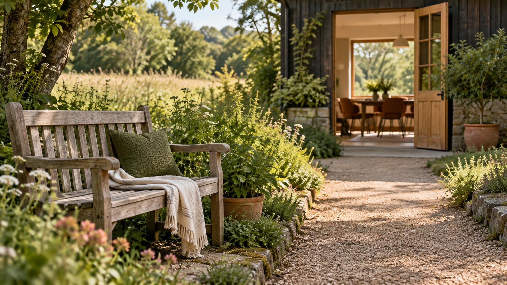 A resting bench and path to a welcoming room